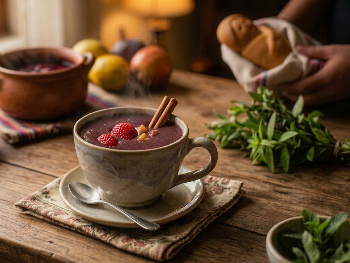 Taza de colada morada con canela junto a una guagua de pan